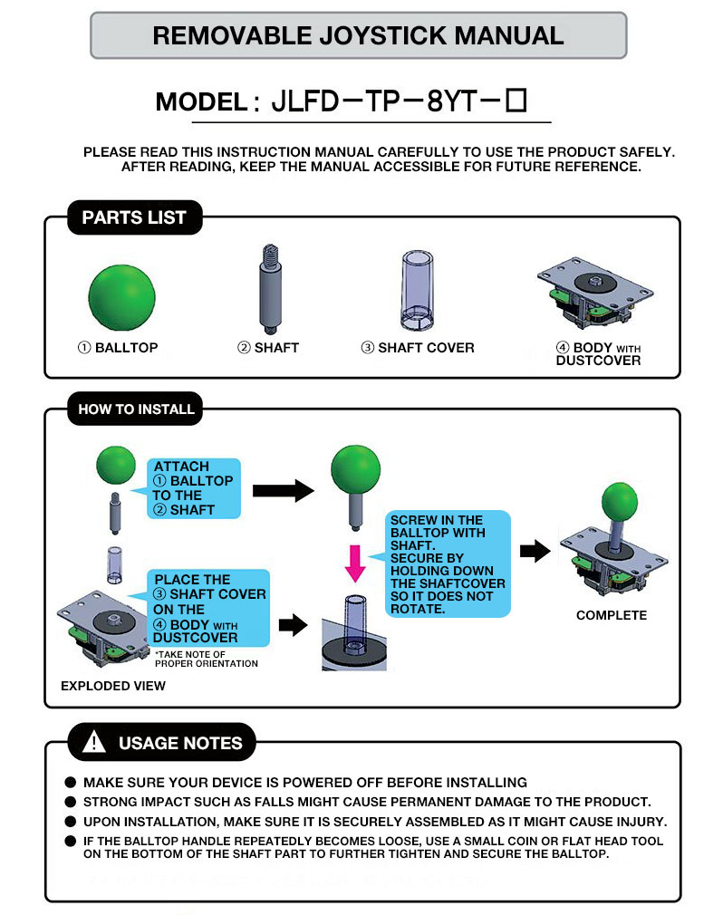 Sanwa Detachable Shaft Joystick 4/8-way JLFD-TP-8YT